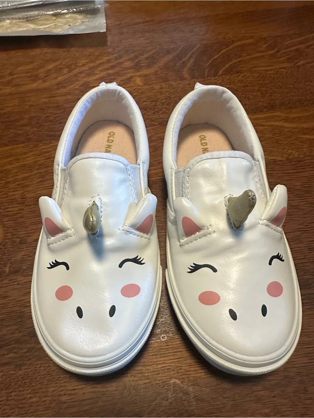 Old Navy White Kids Unicorn Slip-On Sneakers with Pink Accents and Gold Horns